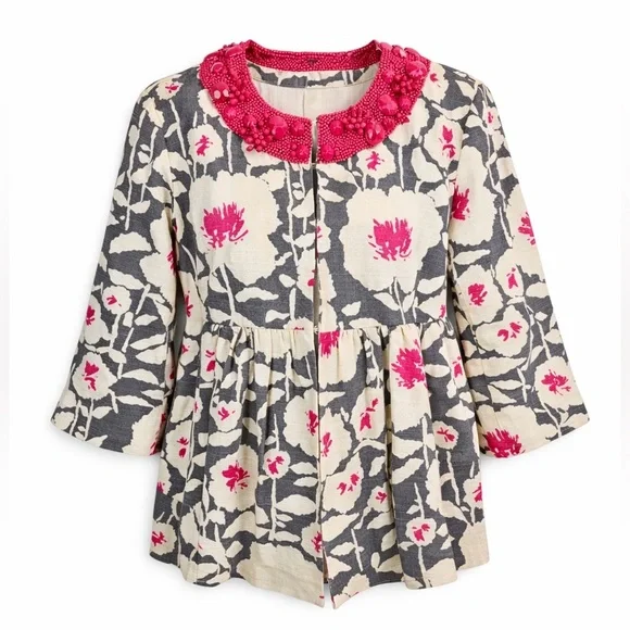 Nanette Lepore Floral Beaded Neck Peplum Blazer Sz 6 Barbie Pink Gray Coquette - Picture 1 of 16